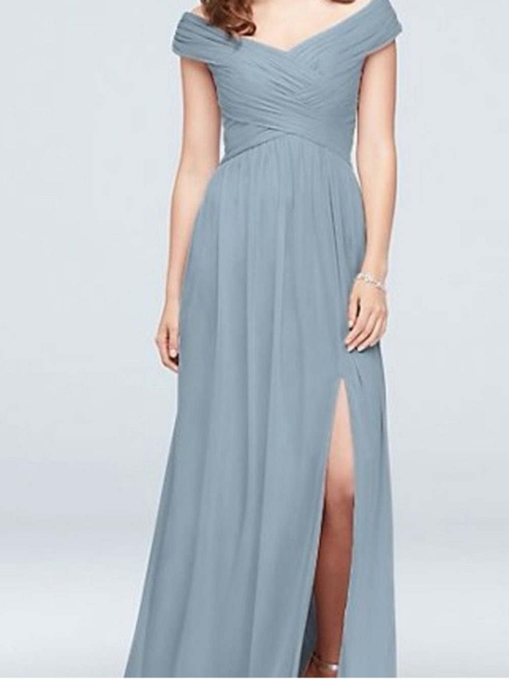 David’s Bridal Off-Shoulder Dusty Blue Evening Dress